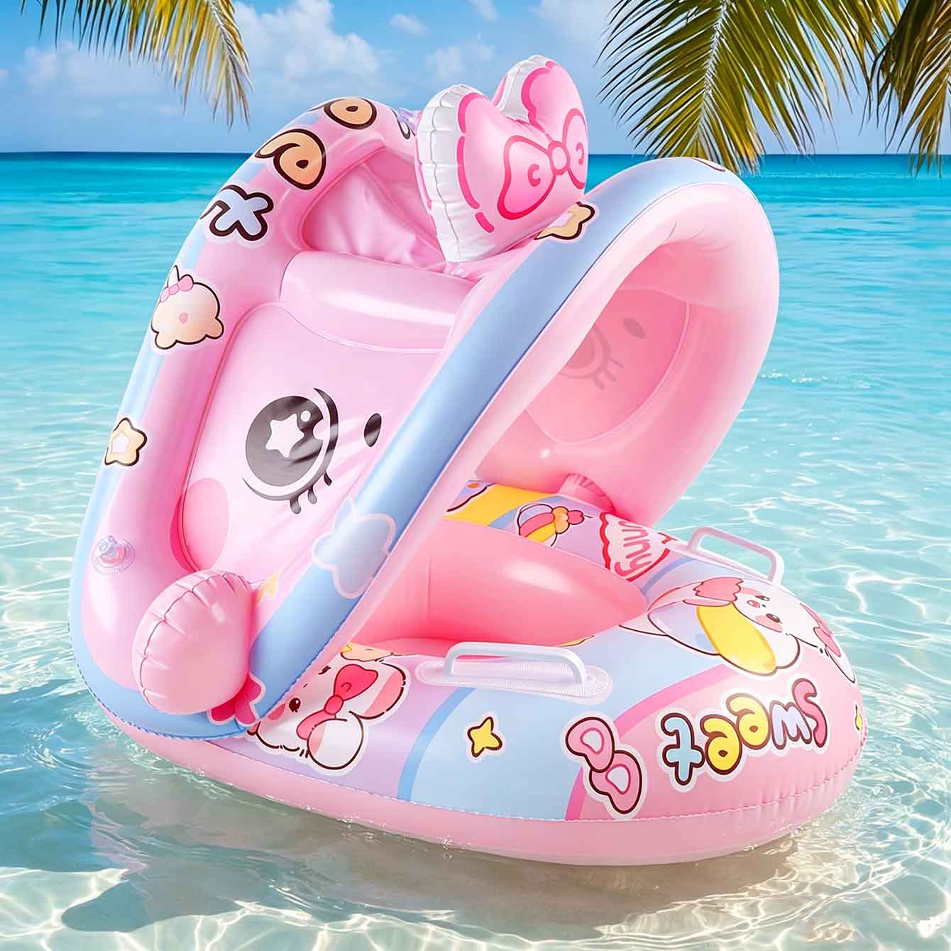 Pool Float Ring Inflatable - 1PC インフレータブルプールフロートシート キャノピー付き背もたれハンドル PVC スイムリング ビーチプール夏用