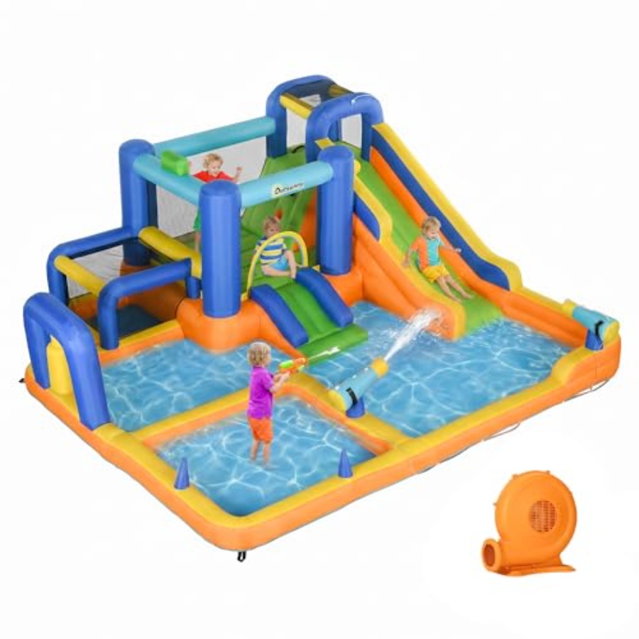Water Slide Inflatable - 7in1 インフレータブルウォータースライド バウンスハウス、450W送風機付き、屋外遊び用、PVC素材、青と黄色、プール、サッカーゴール付き