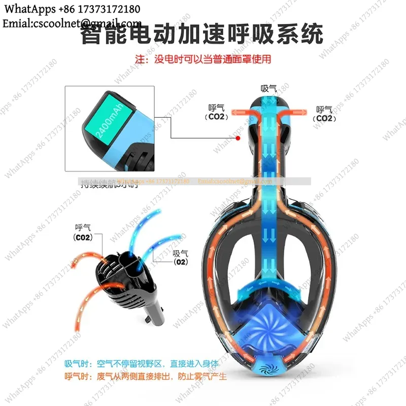 Snorkel Mask Full Face - JS02 電気式シュノーケルマスク、フルフェイス型、大人用、ドライブリーザー付き、水泳・ダイビング用具、シュノーケリンググラス