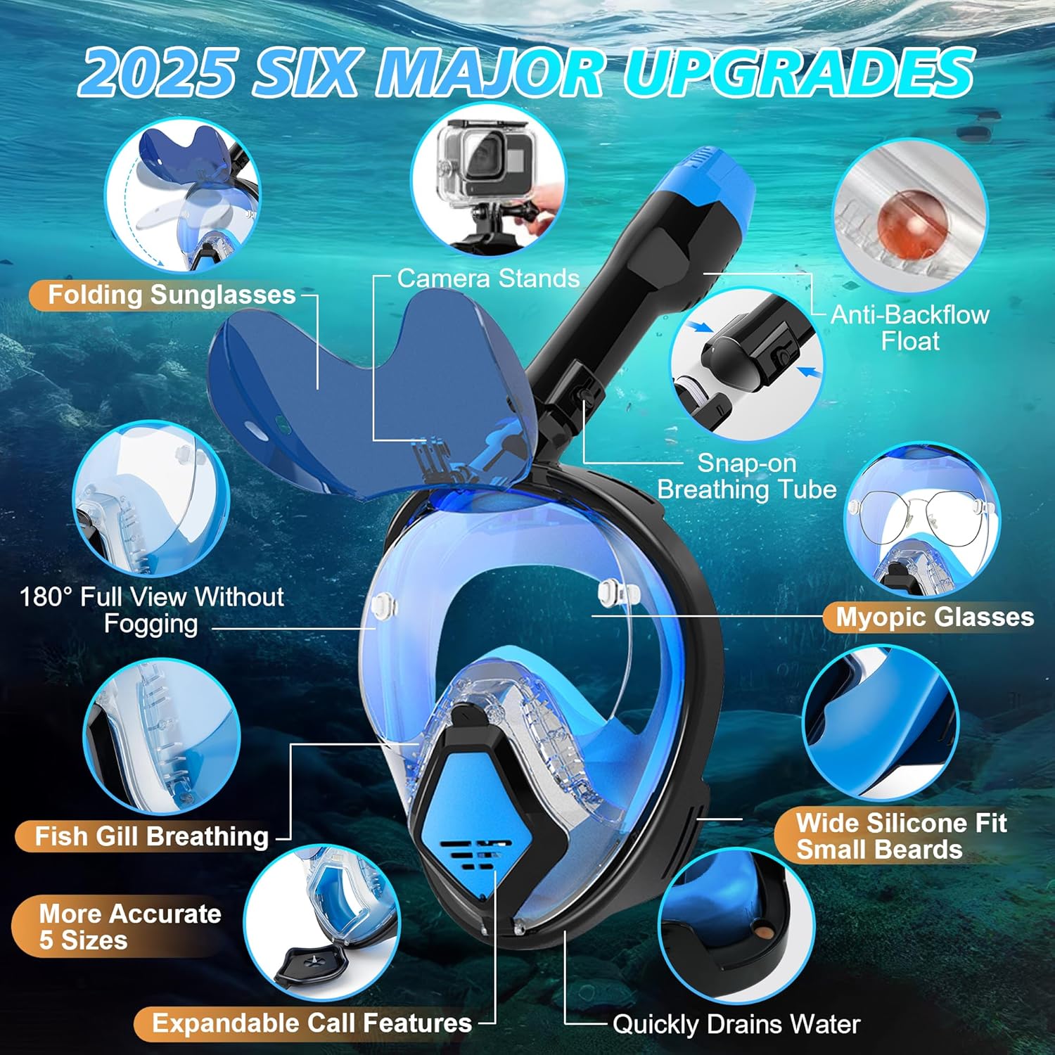 Snorkel Mask Full Face - デビルフィッシュ フルフェイスシュノーケルマスク 大人用、ドライトップシステムシュノーケリングセット 折りたたみ式サングラス付き、180度パノラマビュー シュノーケル