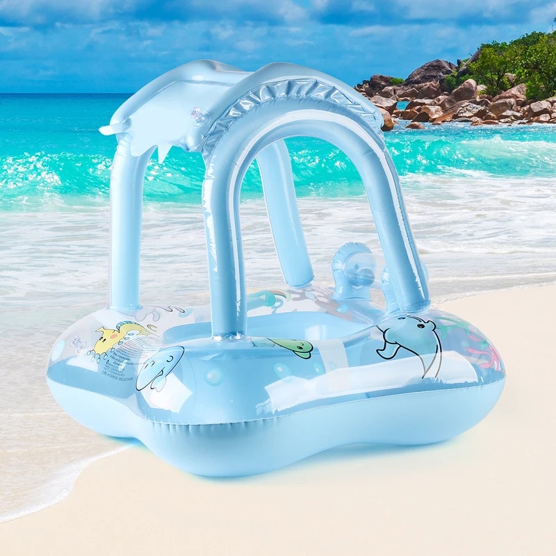 Pool Float Ring Inflatable - 日よけ付きのインフレータブルプール用ラウンジフロート。夏のプールパーティーに最適な、水に浮くリング型のおもちゃ。