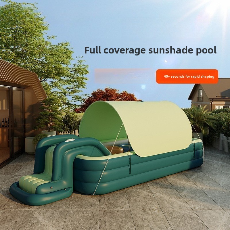 Water Slide Inflatable - スライドとキャノピー付きのインフレータブル子供用プール – 裏庭用の空気注入式ウォータープレイセンター、日よけ付きの厚みのあるファミリープール